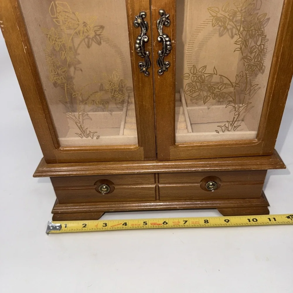 Vintage Wood 2 Door Jewelry Box Armoire Style Cabinet w Mirror Drawer Scuffs